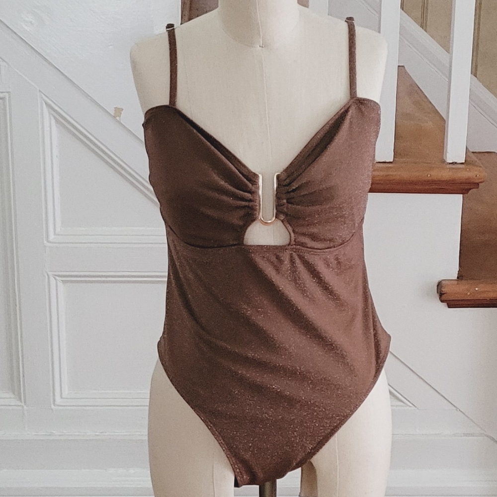 ZAFUL Metallic Sparkly One Piece Bronze Bathing Suit Size XL Brand New - Picture 2 of 8